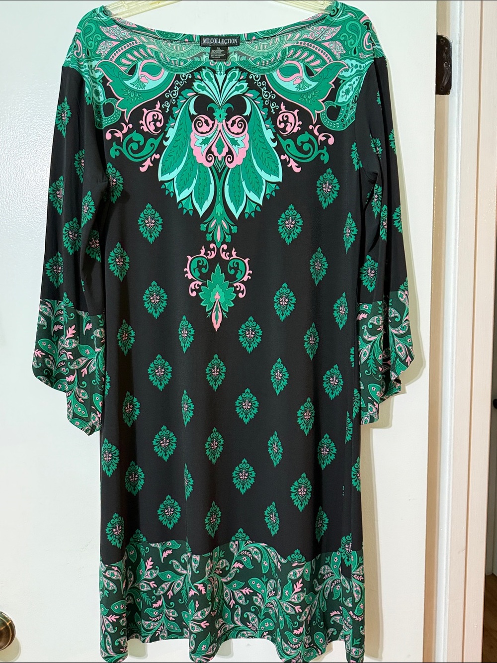 JM Collection Black Midi Dress with Green and Pink Paisley Print